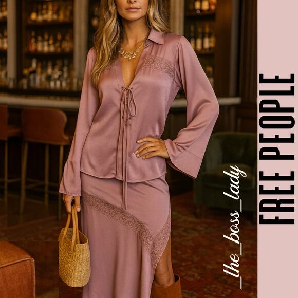 Free People skirt set co-ord top and midi skirt satin matching set boho XS - Picture 3 of 13